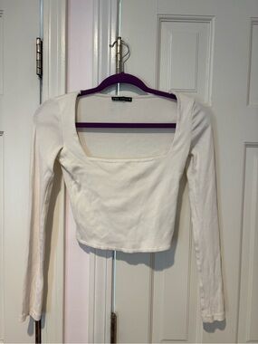 Zara White Long-Sleeve Square Neck Cropped Top